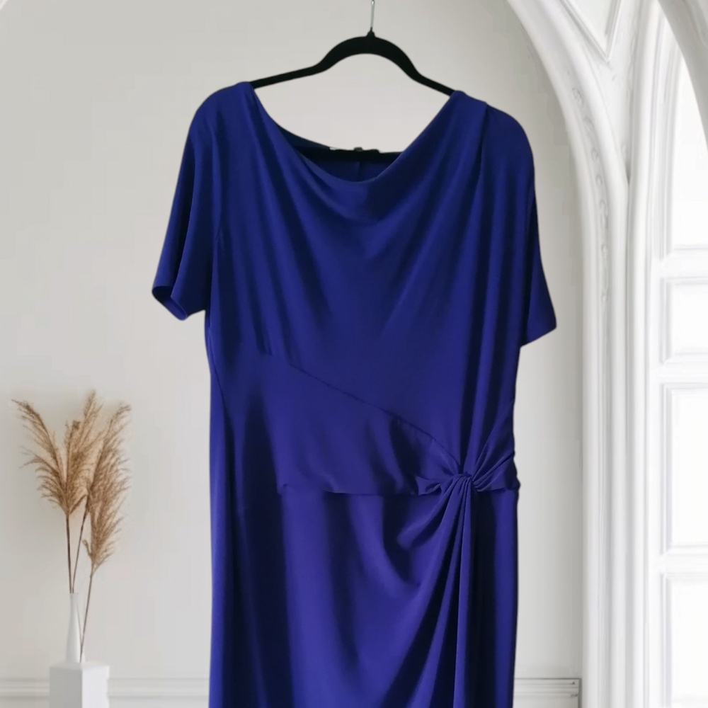 Evan Picone Blue Asymmetrical Sheath Dress with Cowl Neck